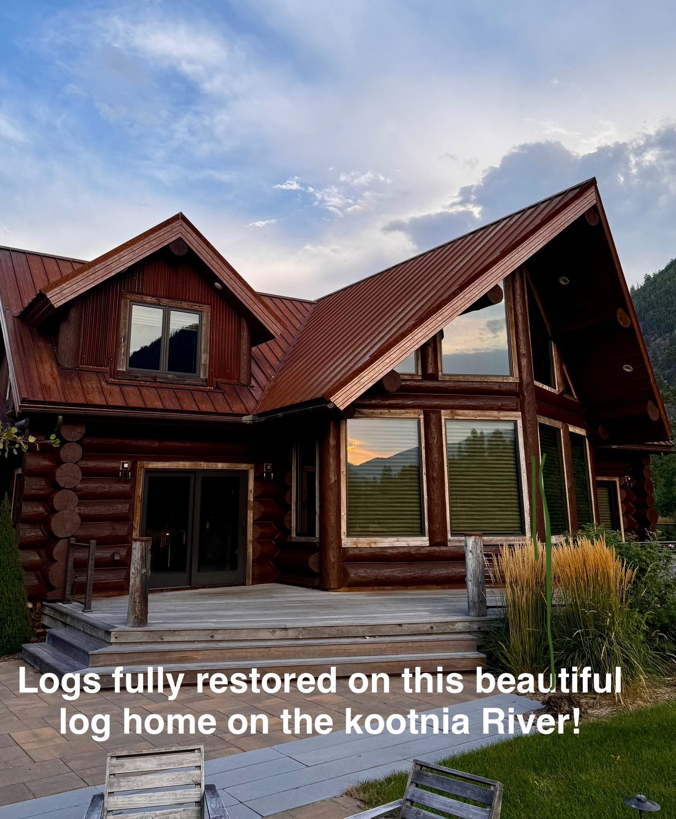 Restored log home on the Kootenai River, Montana