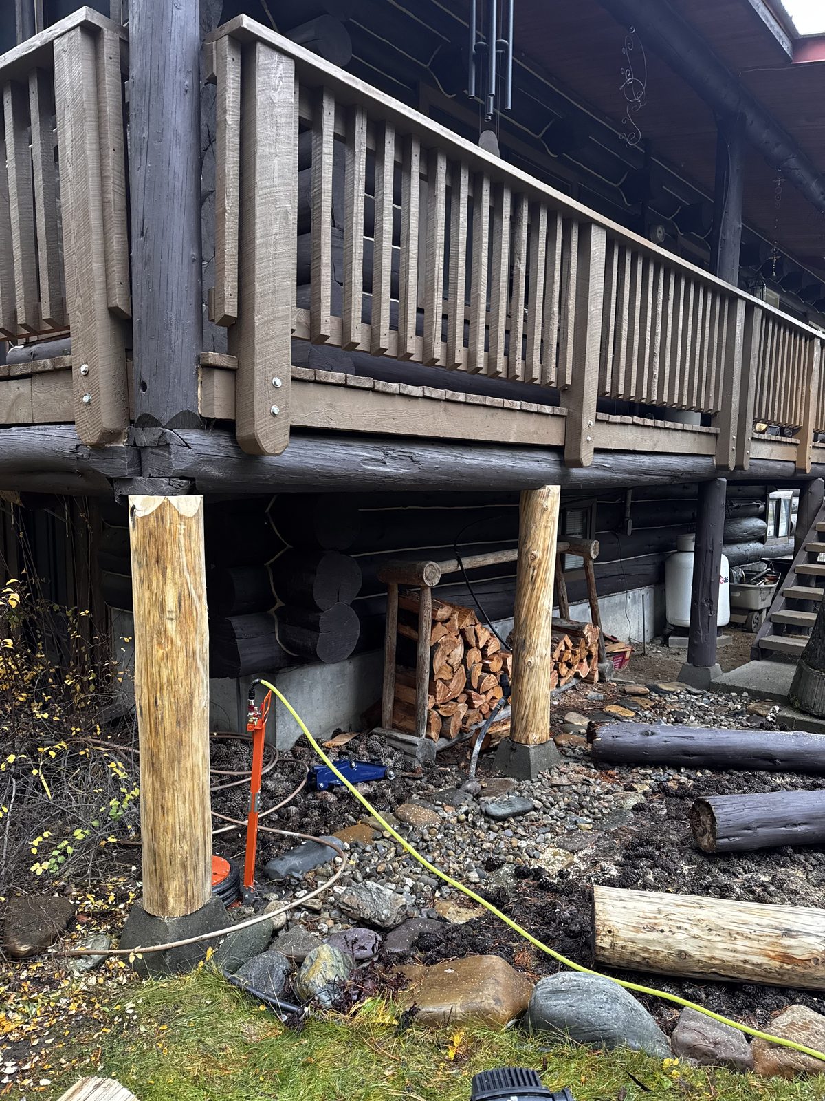 Log home restoration — rotten deck support post replaced, Kalispell Montana